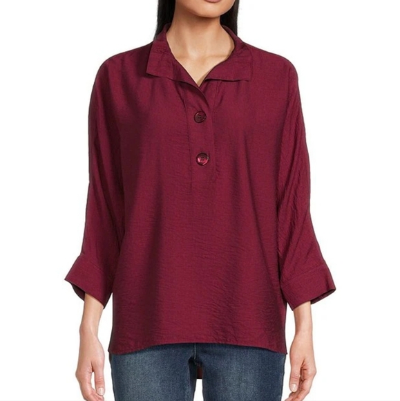 John Mark Solid Woven Wire Collar 3/4 Batwing Sleeve Button Front Tunic - Picture 1 of 7